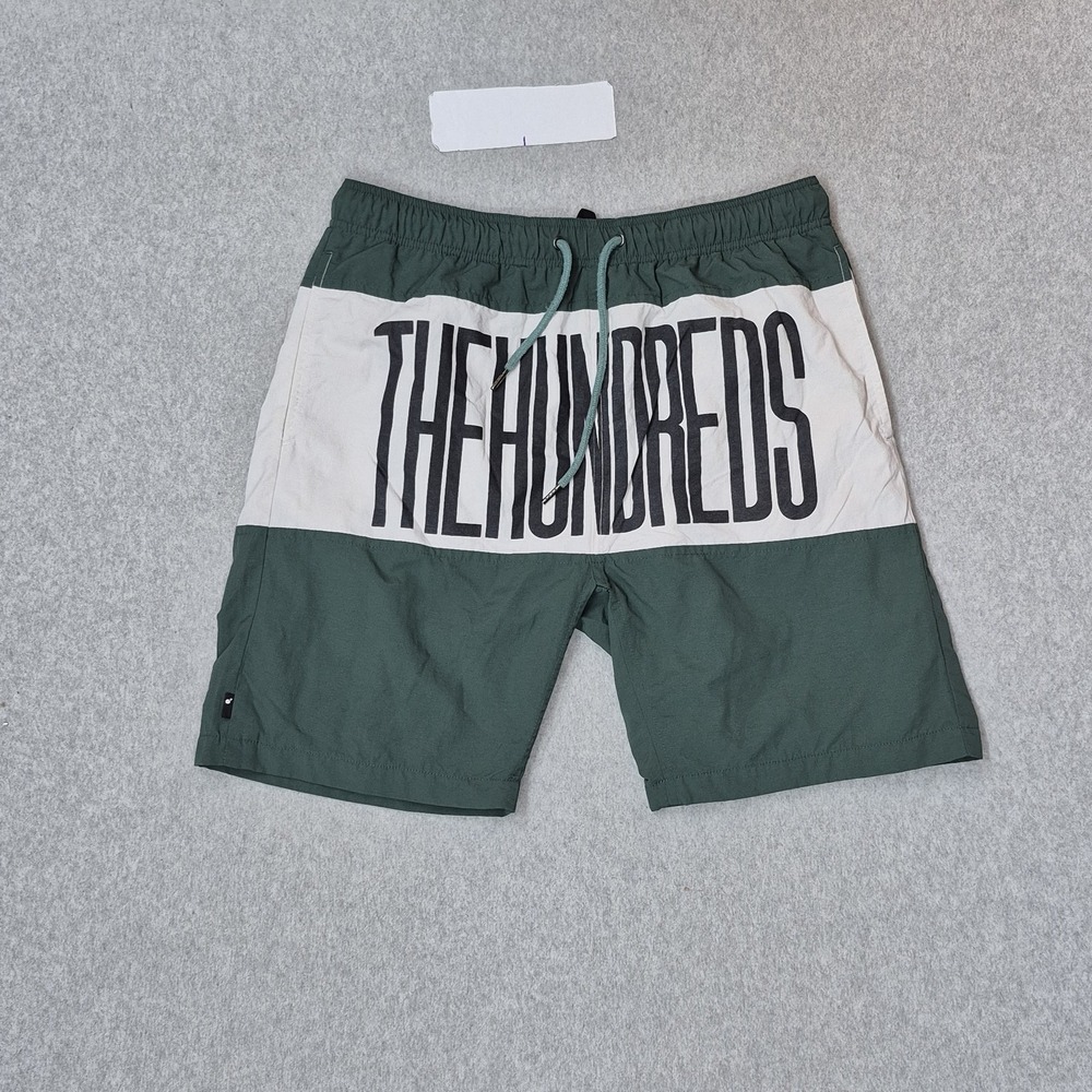 The Hundreds Men Shorts L Green Nylon Colorblock Swimwear Spellout Swim Trunks